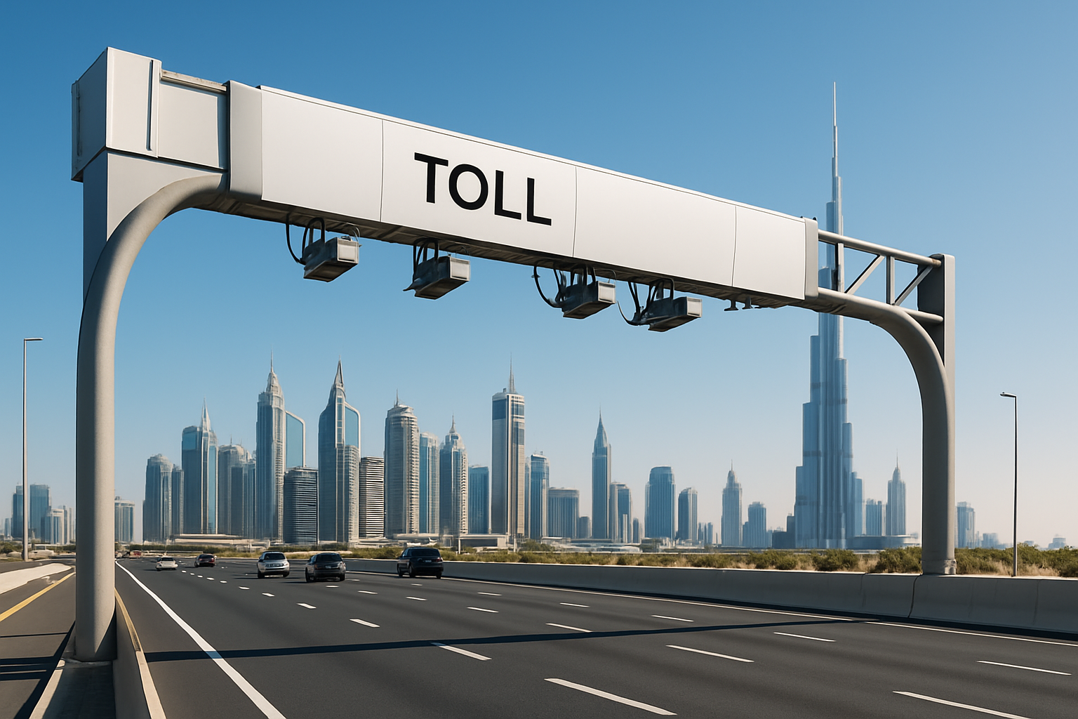 Modern Dubai toll road with automated gantry